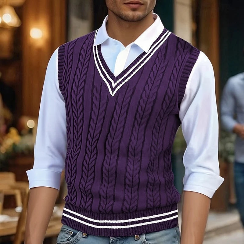 Men's purple cable knit sweater vest with striped V-neck trim