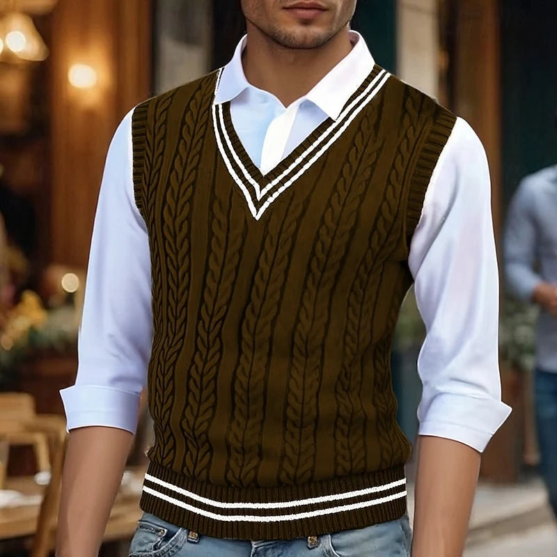 Men's coffee brown cable knit sweater vest with striped V-neck trim