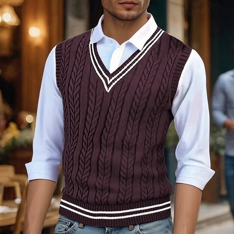Men's wine red cable knit sweater vest with striped V-neck trim
