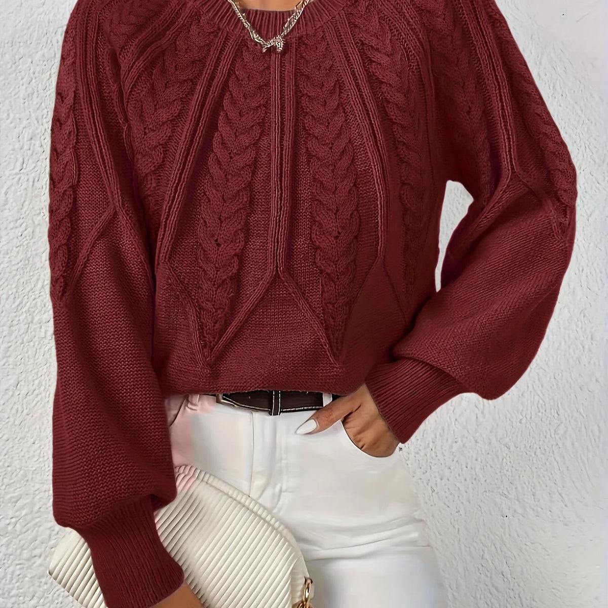 Women's camel cropped Cable Knit Sweater with Balloon Sleeves