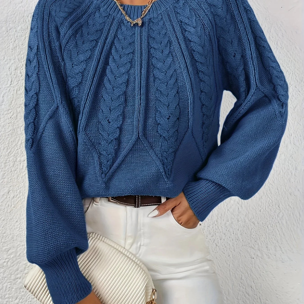 Women's camel cropped Cable Knit Sweater with Balloon Sleeves