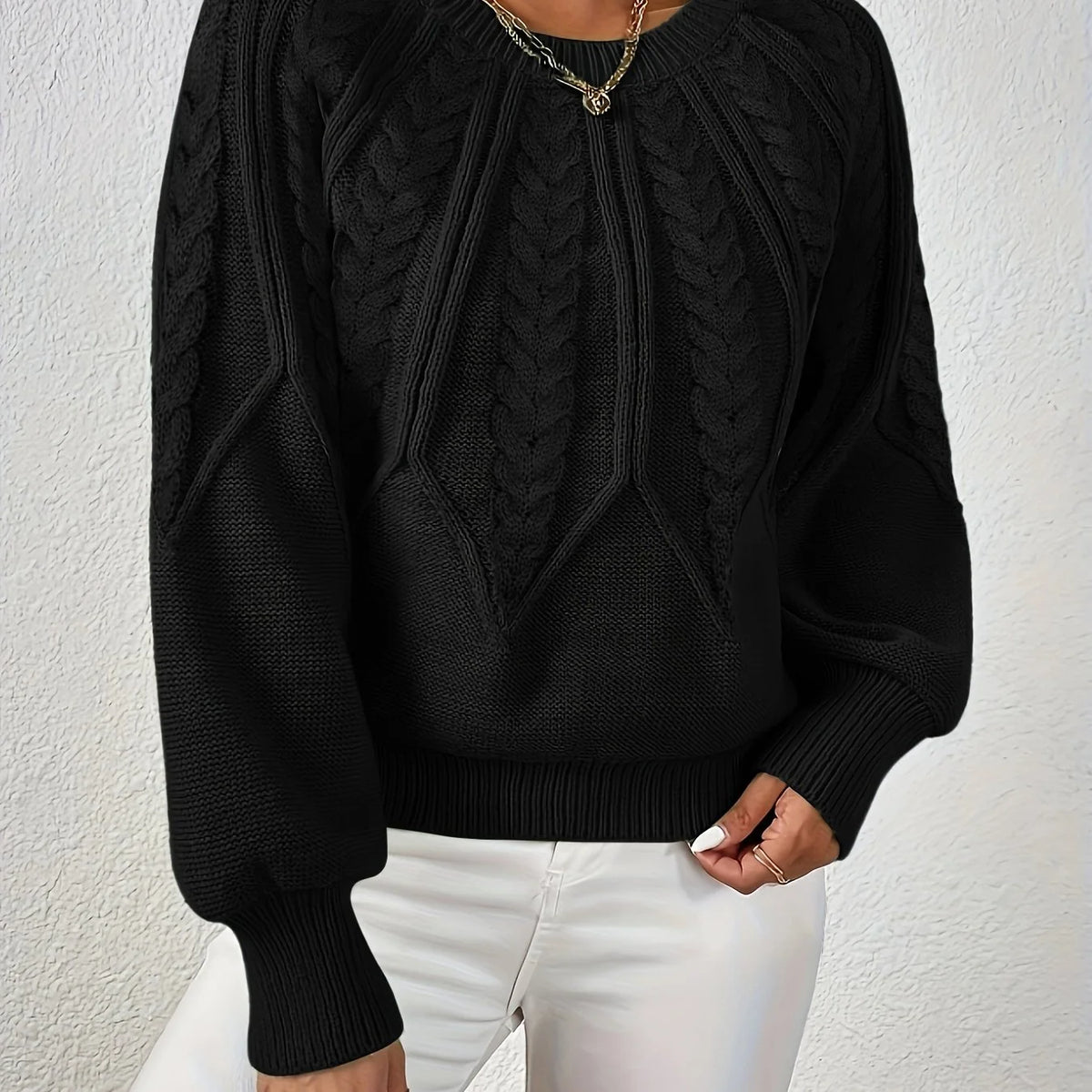 Women's camel cropped Cable Knit Sweater with Balloon Sleeves