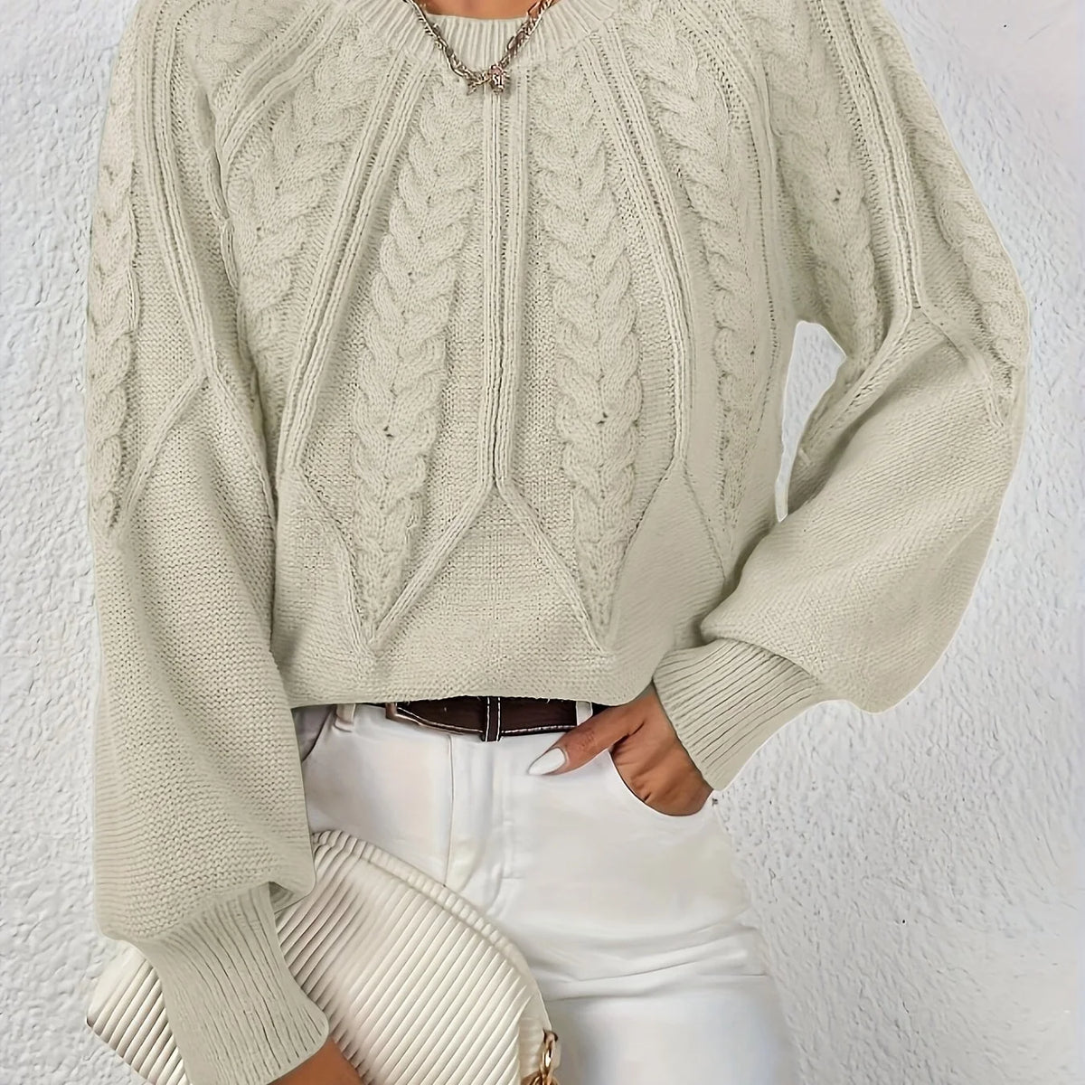 Women's camel cropped Cable Knit Sweater with Balloon Sleeves