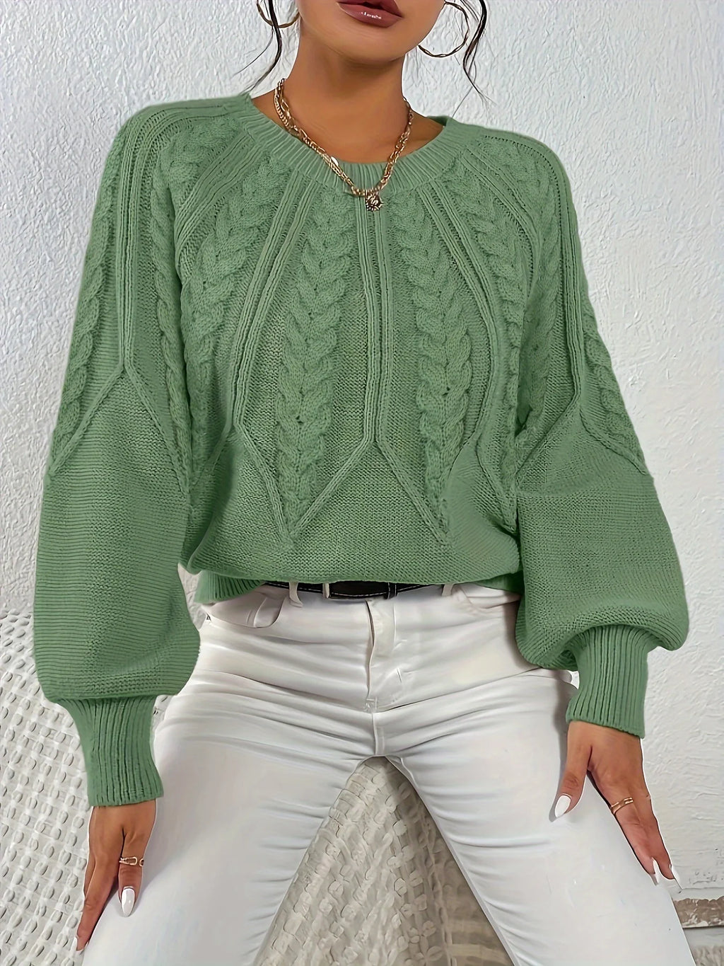 Women's burgundy cropped Cable Knit Sweater with Balloon Sleeves