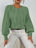 Women's burgundy cropped Cable Knit Sweater with Balloon Sleeves