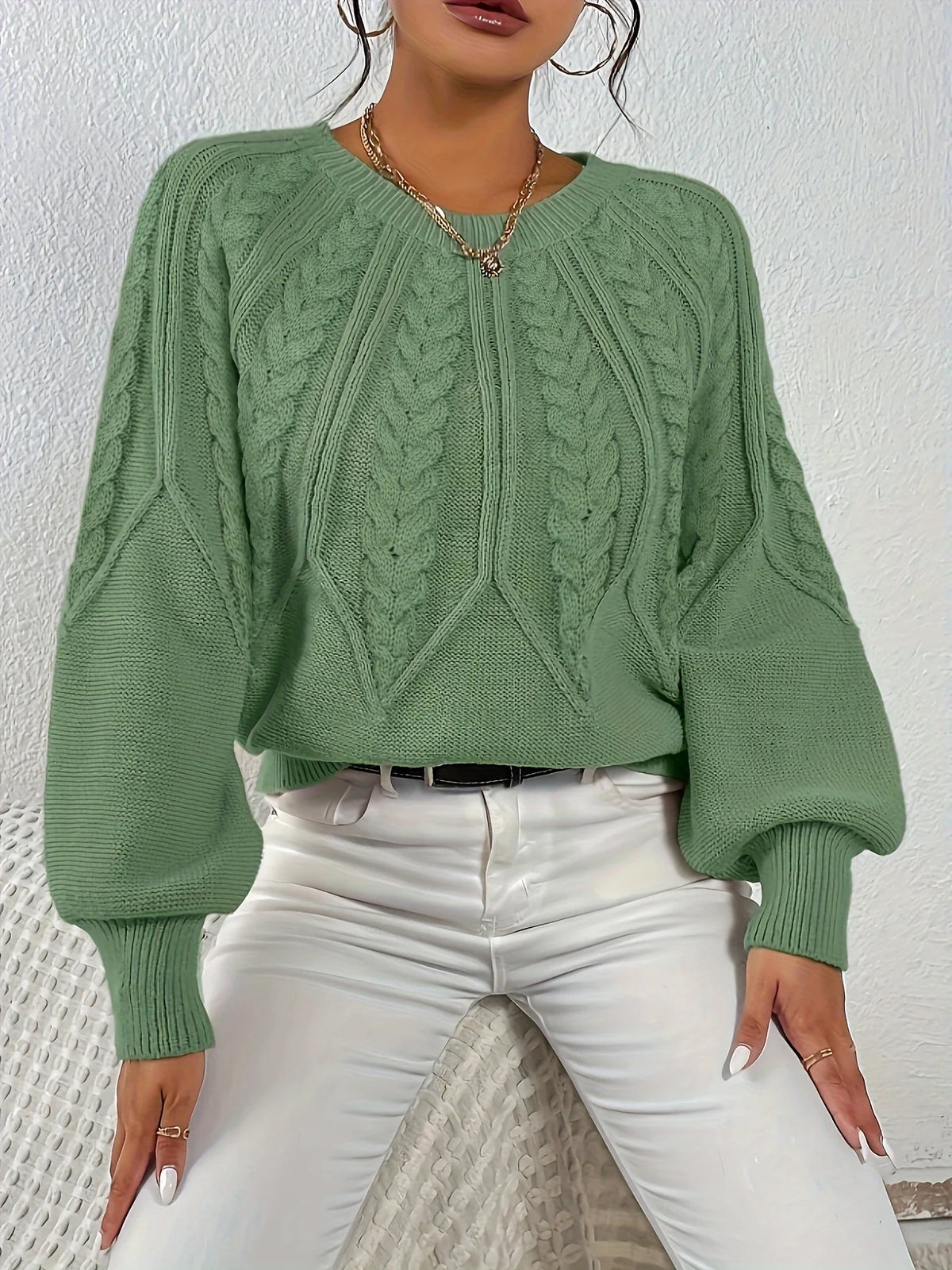 Women's burgundy cropped Cable Knit Sweater with Balloon Sleeves