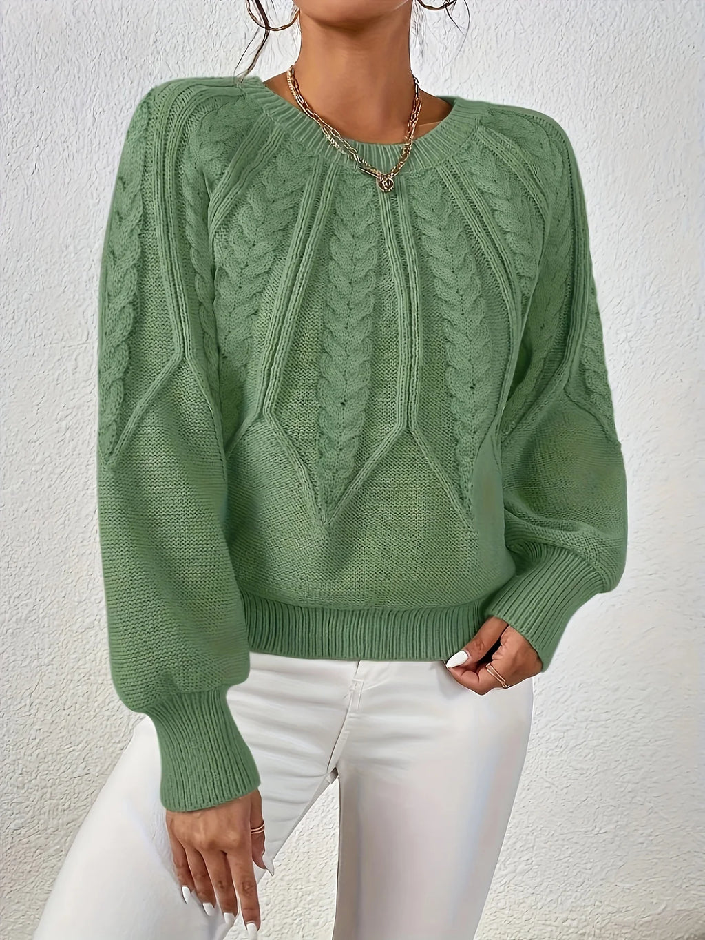 Women's navy cropped Cable Knit Sweater with Balloon Sleeves