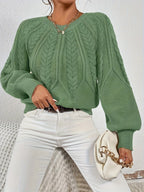 Women's green cropped Cable Knit Sweater with Balloon Sleeves