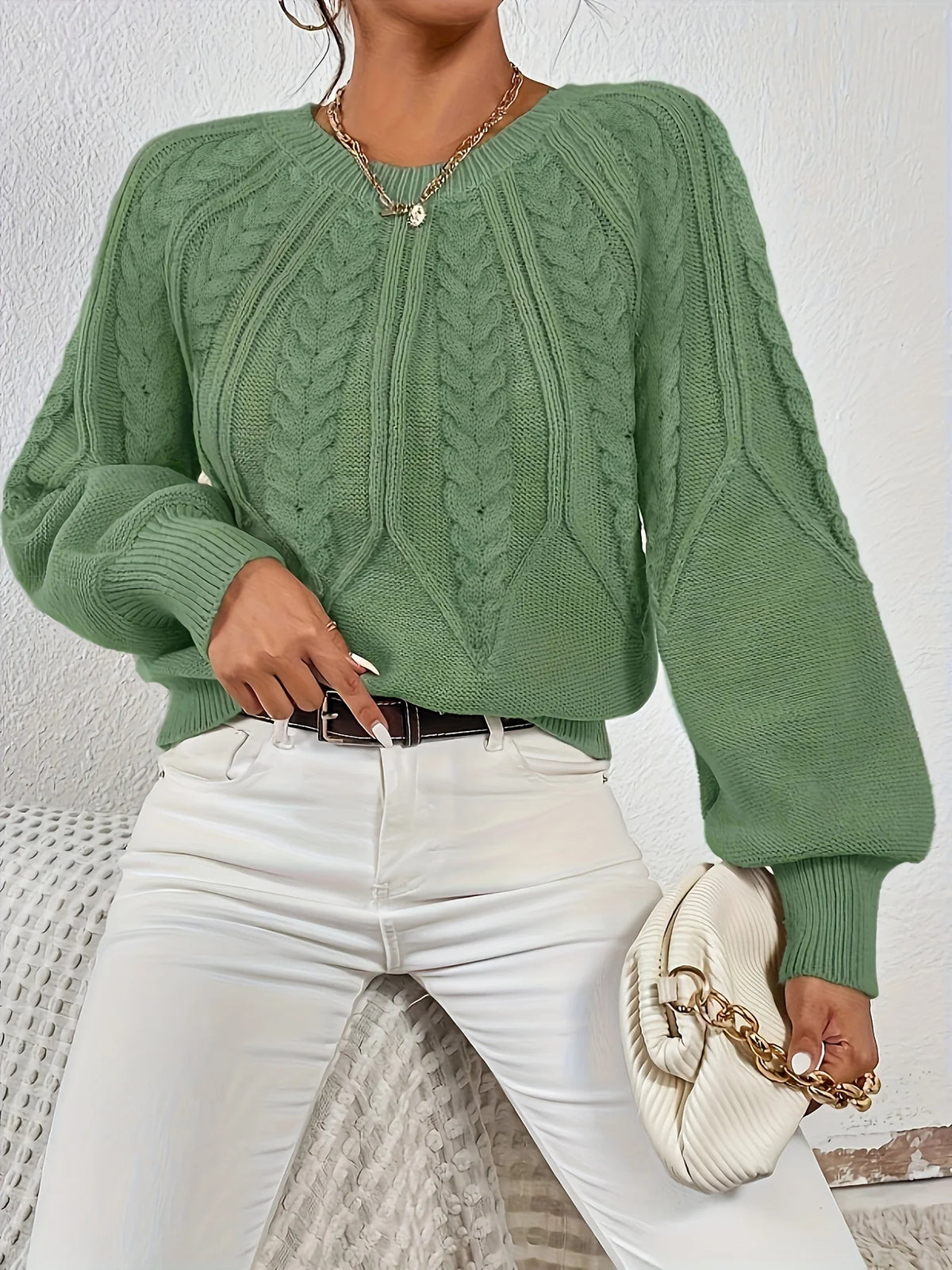 Women's green cropped Cable Knit Sweater with Balloon Sleeves