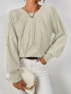 Women's black cropped Cable Knit Sweater with Balloon Sleeves