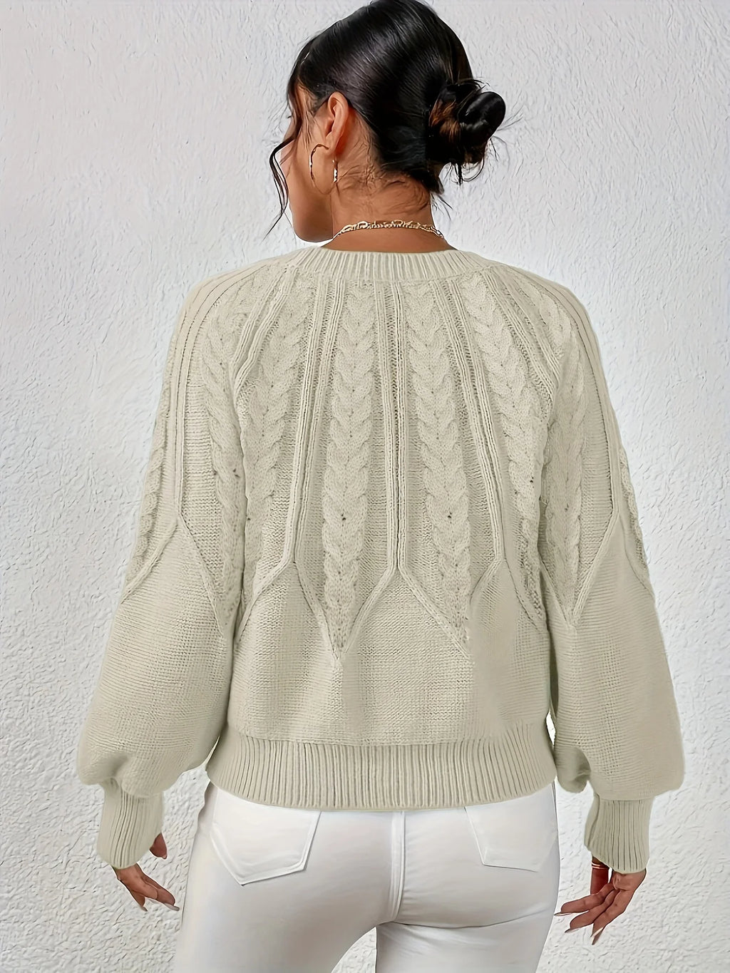 Women's white cropped Cable Knit Sweater with Balloon Sleeves