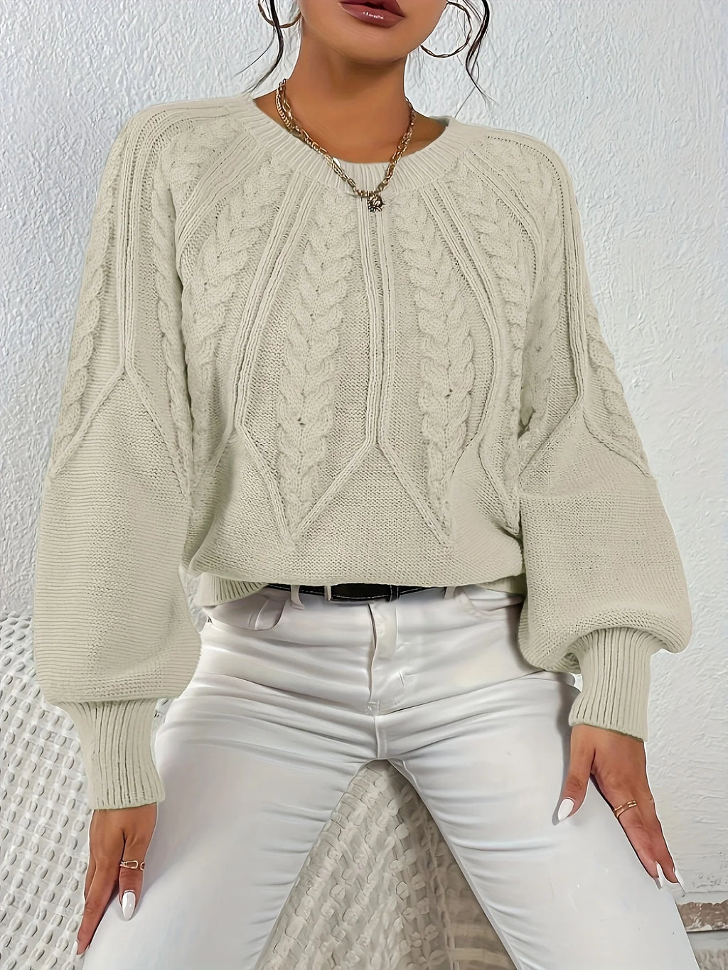 Women's camel cropped Cable Knit Sweater with Balloon Sleeves