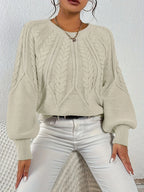 Women's camel cropped Cable Knit Sweater with Balloon Sleeves