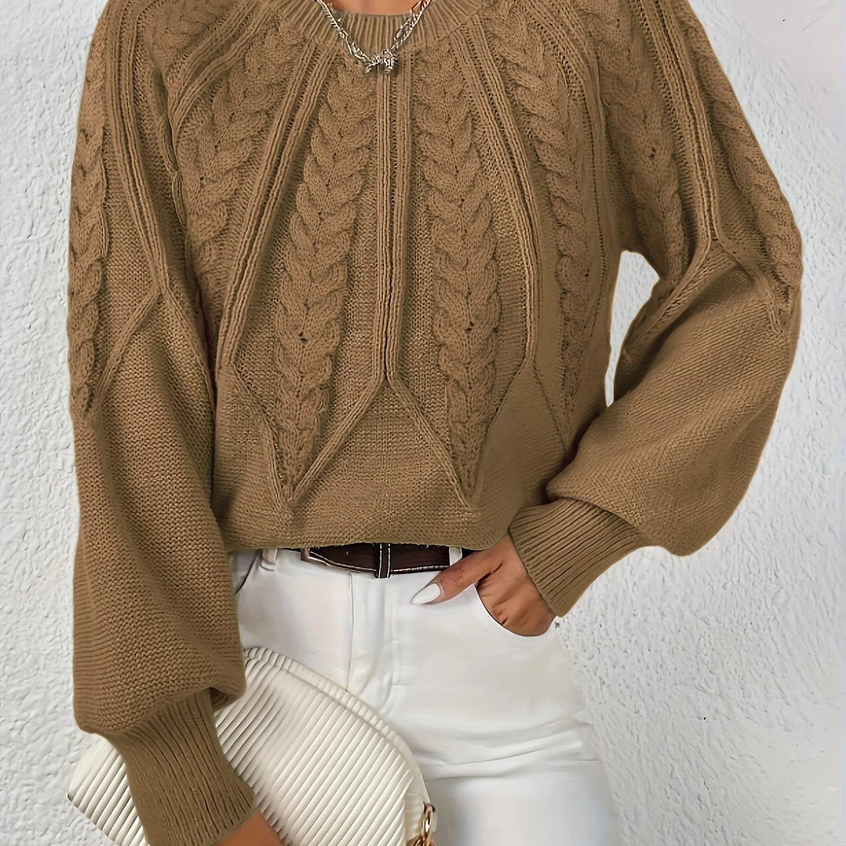 Women's camel cropped Cable Knit Sweater with Balloon Sleeves