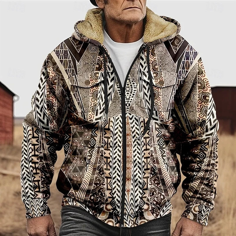 Men's khaki patterned Zip-Up Hooded Jacket with Chest Pockets