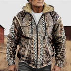 Men's khaki patterned Zip-Up Hooded Jacket with Chest Pockets