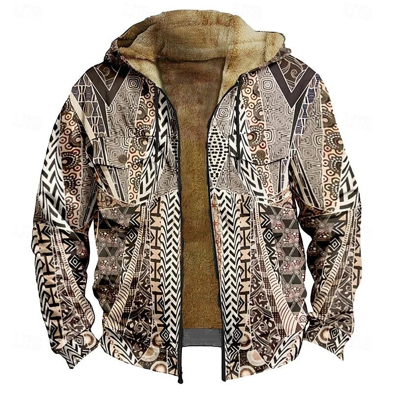 Men's orange patterned Zip-Up Hooded Jacket with Chest Pockets