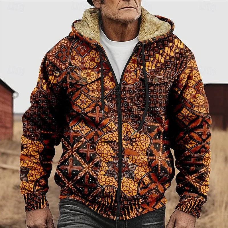 Men's burgundy patterned Zip-Up Hooded Jacket with Chest Pockets