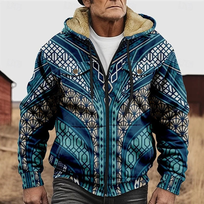 Men's red patterned Zip-Up Hooded Jacket with Chest Pockets