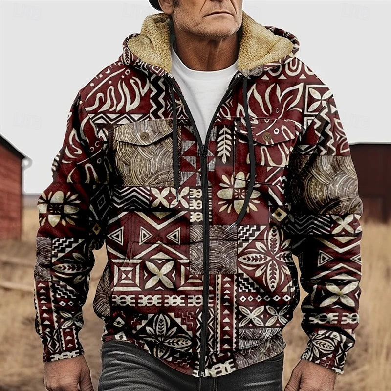 Men's red patterned Zip-Up Hooded Jacket with Chest Pockets