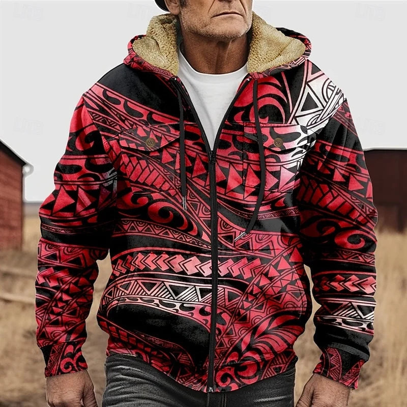 Men's red patterned Zip-Up Hooded Jacket with Chest Pockets