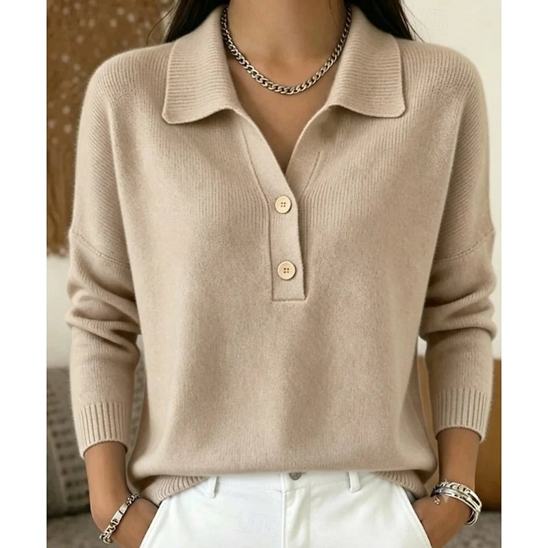 Women's khaki collared Button-Front Polo Sweater for Layering