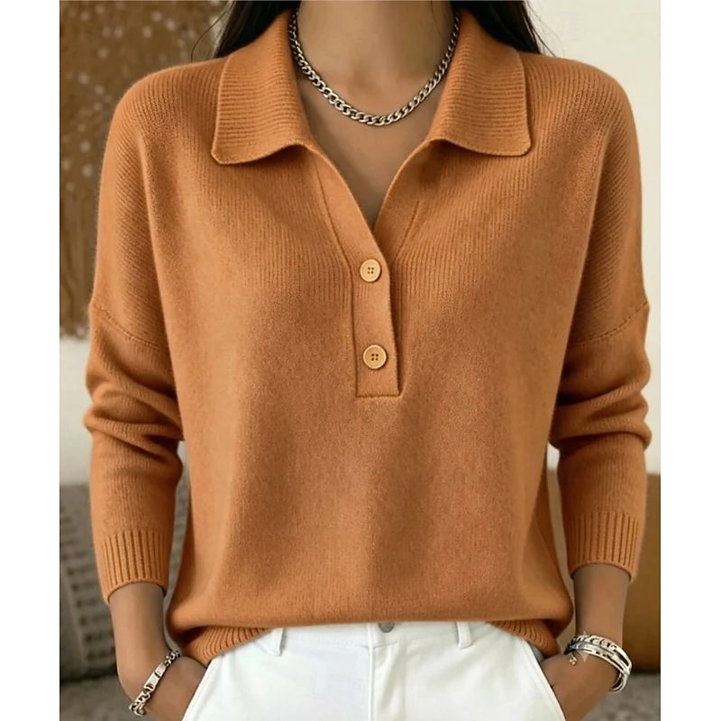 Women's light brown collared Button-Front Polo Sweater for Layering