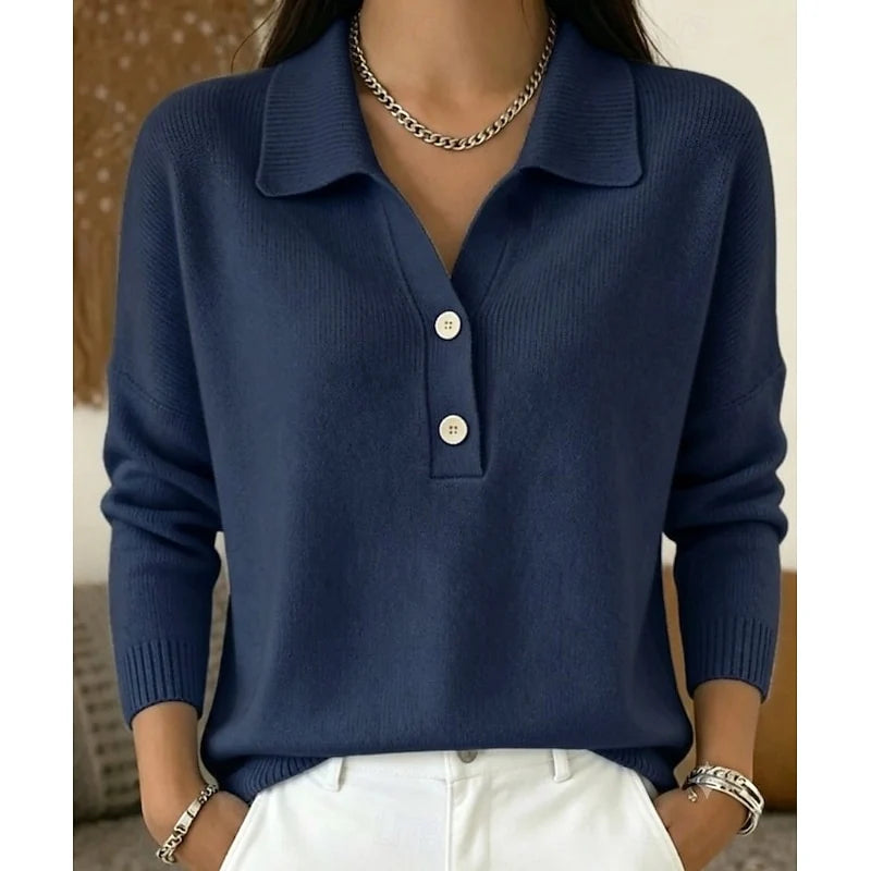 Women's dark blue collared Button-Front Polo Sweater for Layering