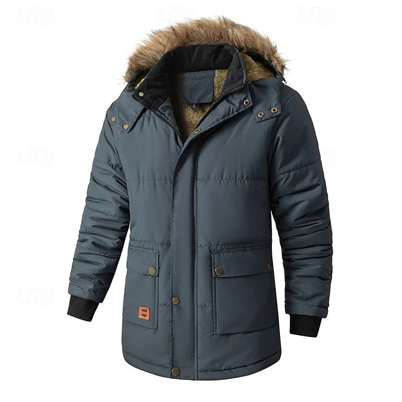Men's dark blue insulated hooded parka with adjustable drawstring hem