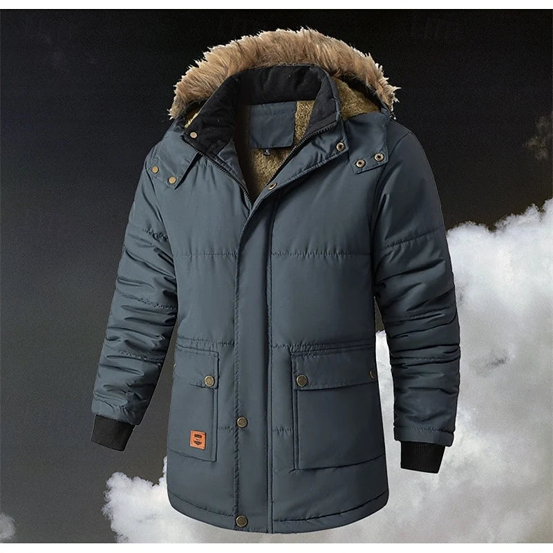 Men's dark blue insulated hooded parka with adjustable drawstring hem