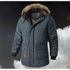 Men's dark blue insulated hooded parka with adjustable drawstring hem
