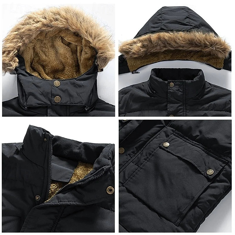Men's dark blue insulated hooded parka with adjustable drawstring hem