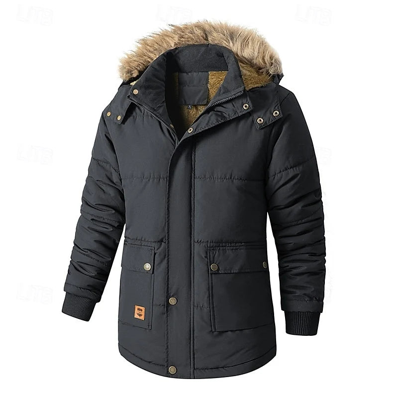 Men's black insulated hooded parka with adjustable drawstring hem