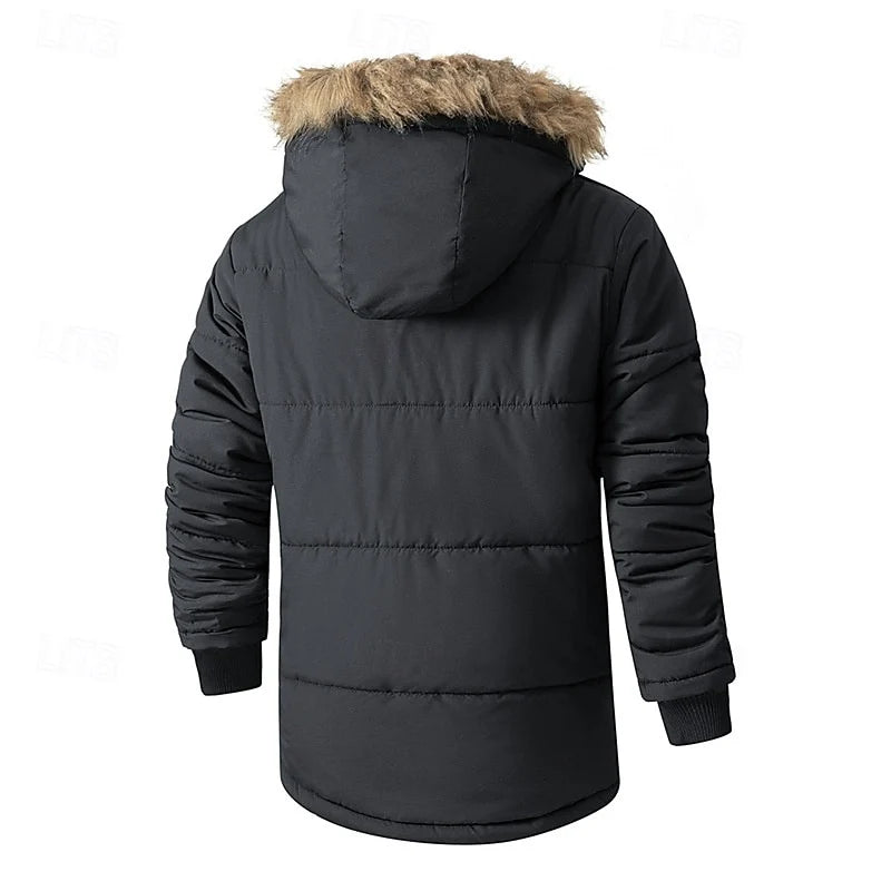 Men's black insulated hooded parka with adjustable drawstring hem