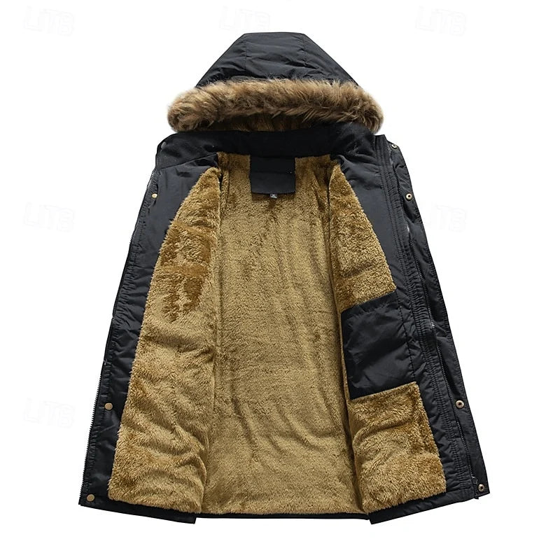 Men's black insulated hooded parka with adjustable drawstring hem