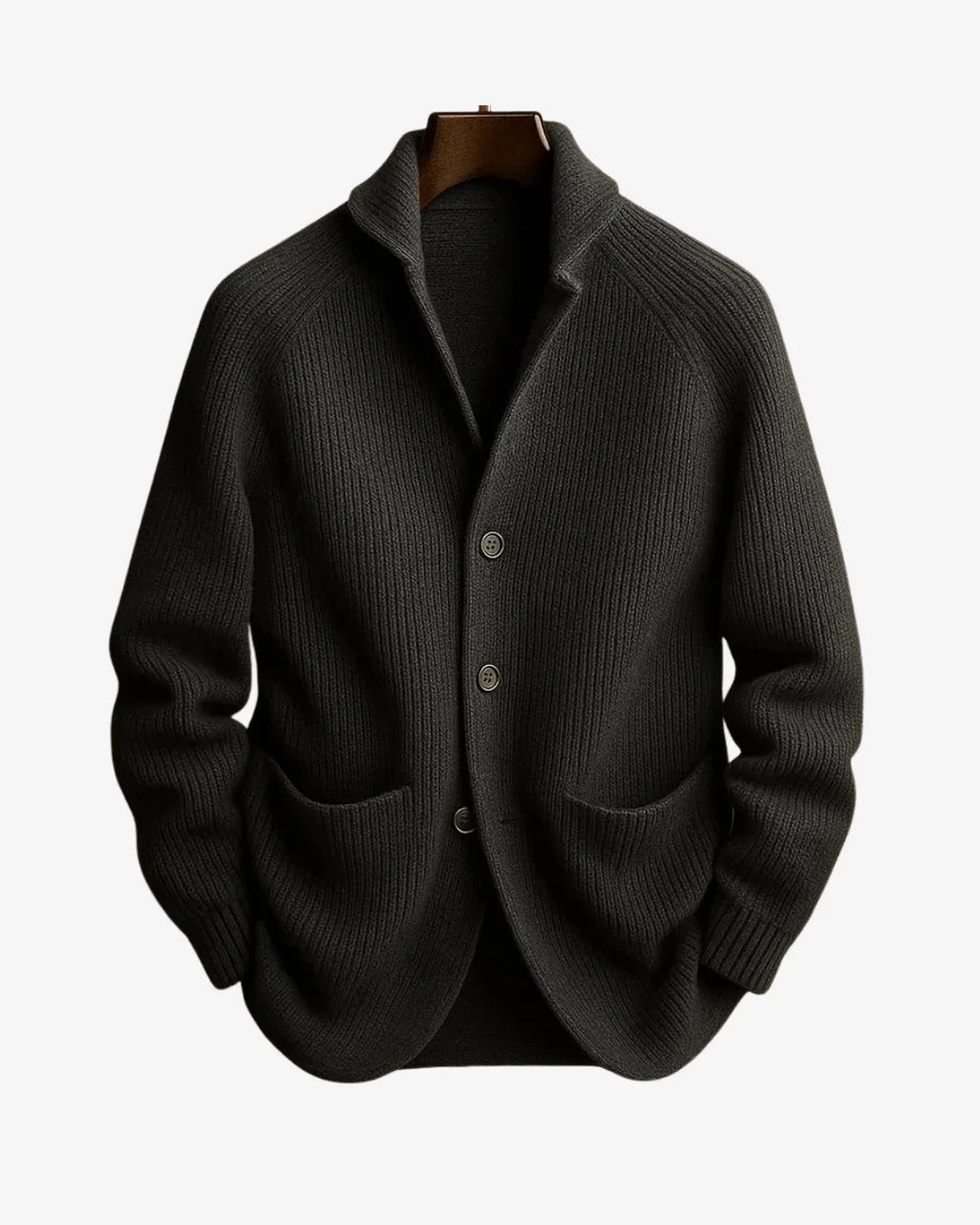 Men's gray ribbed knit sweater blazer with notch lapel