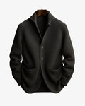 Men's gray ribbed knit sweater blazer with notch lapel