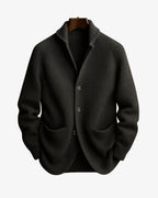 Men's gray ribbed knit sweater blazer with notch lapel