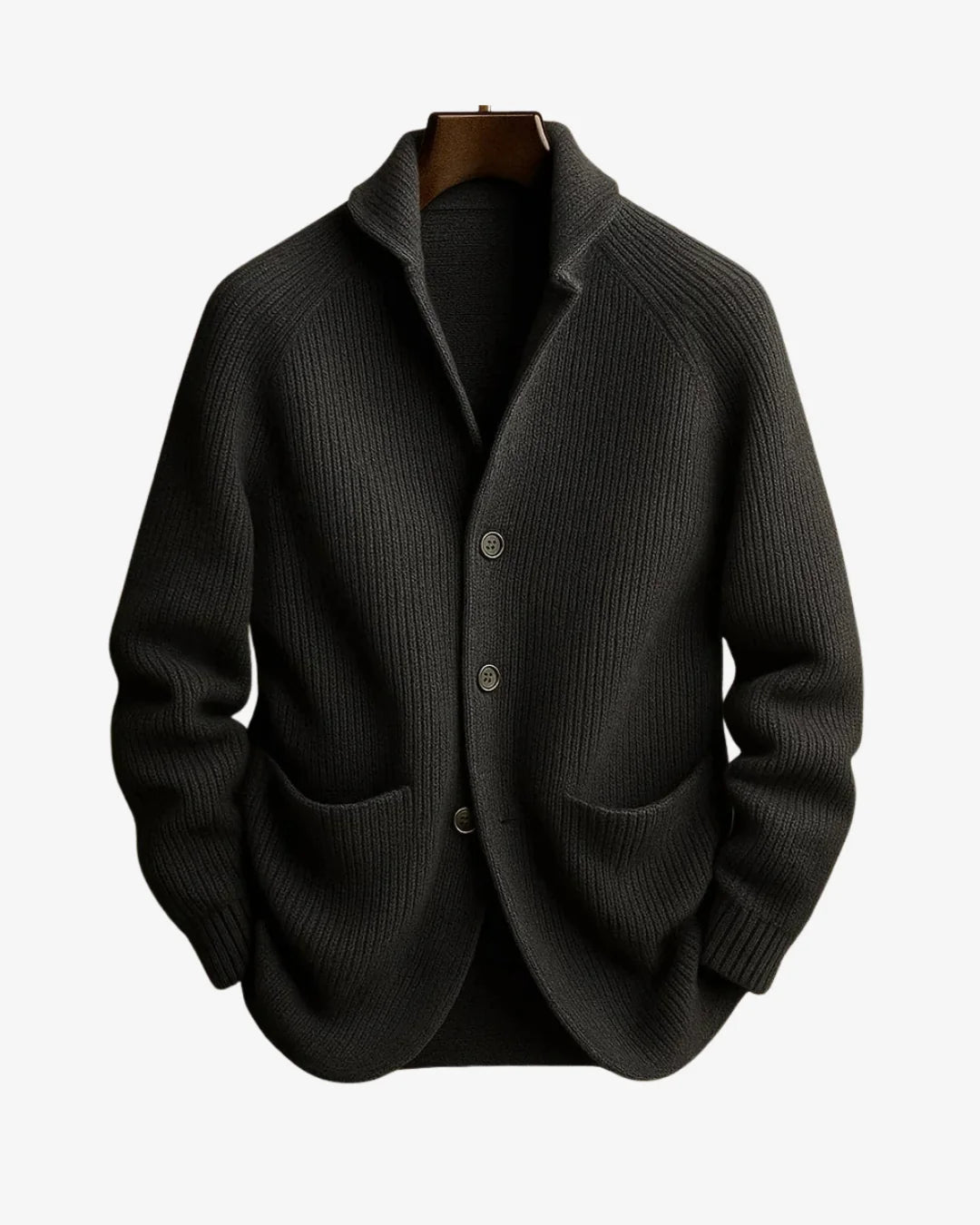 Men's gray ribbed knit sweater blazer with notch lapel