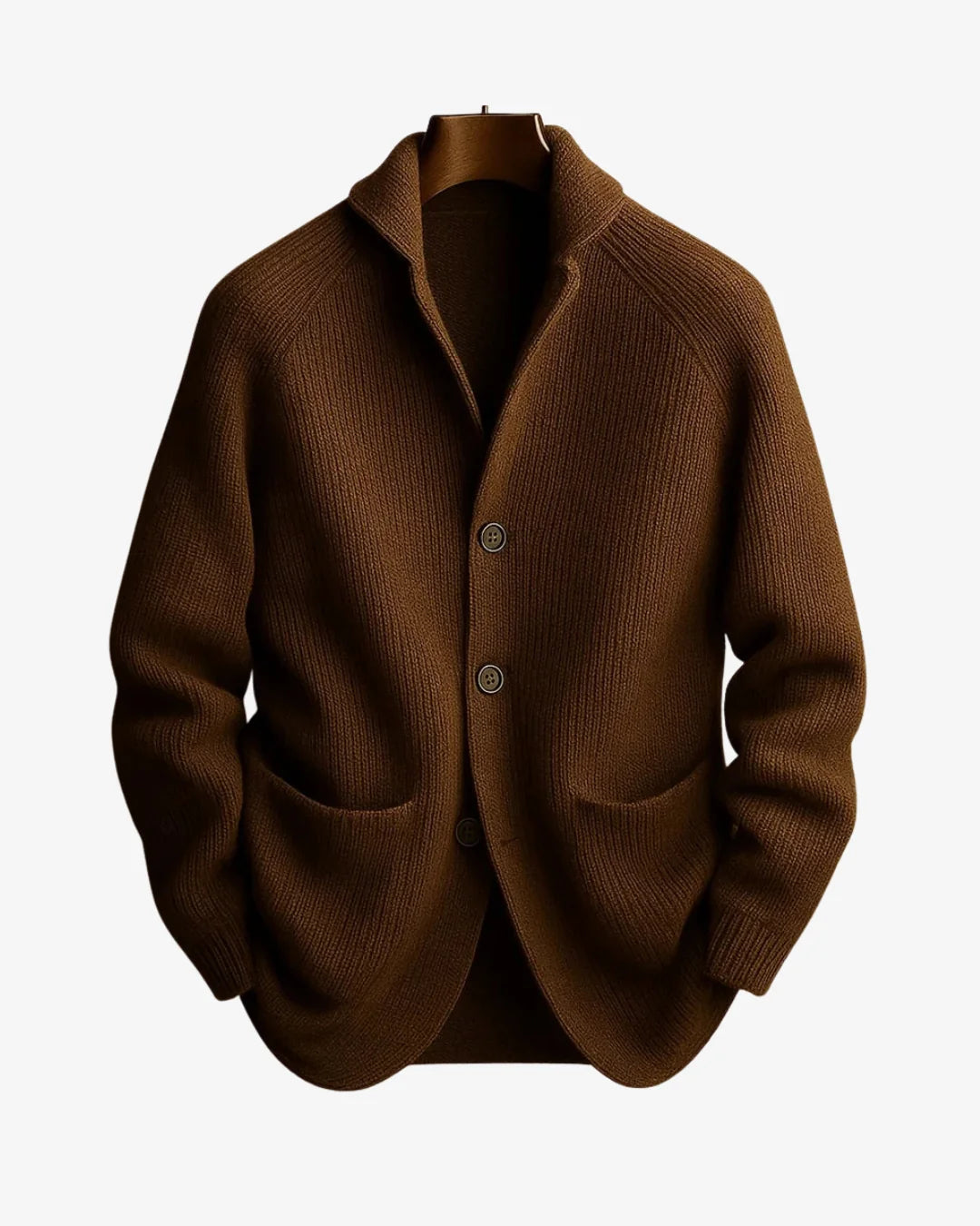 Men's brown ribbed knit sweater blazer with patch pockets