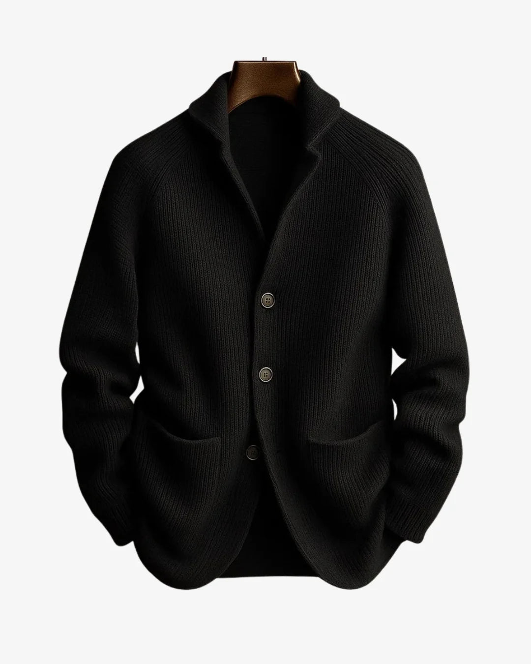 Men's black ribbed knit sweater blazer with notch lapel