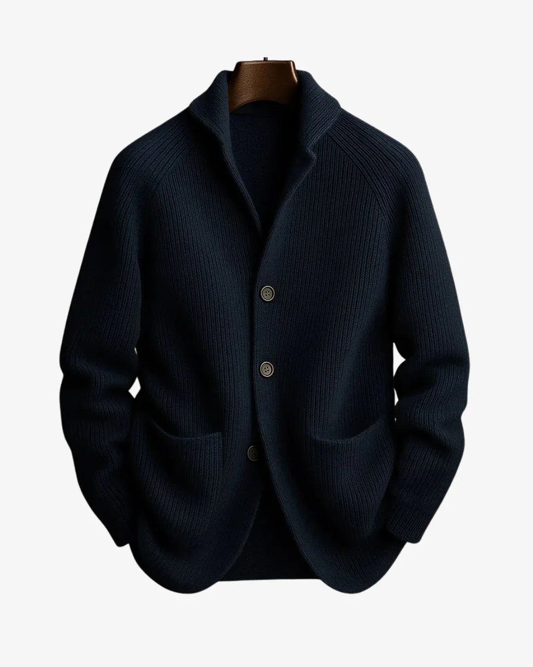 Men's navy ribbed knit sweater blazer, button front
