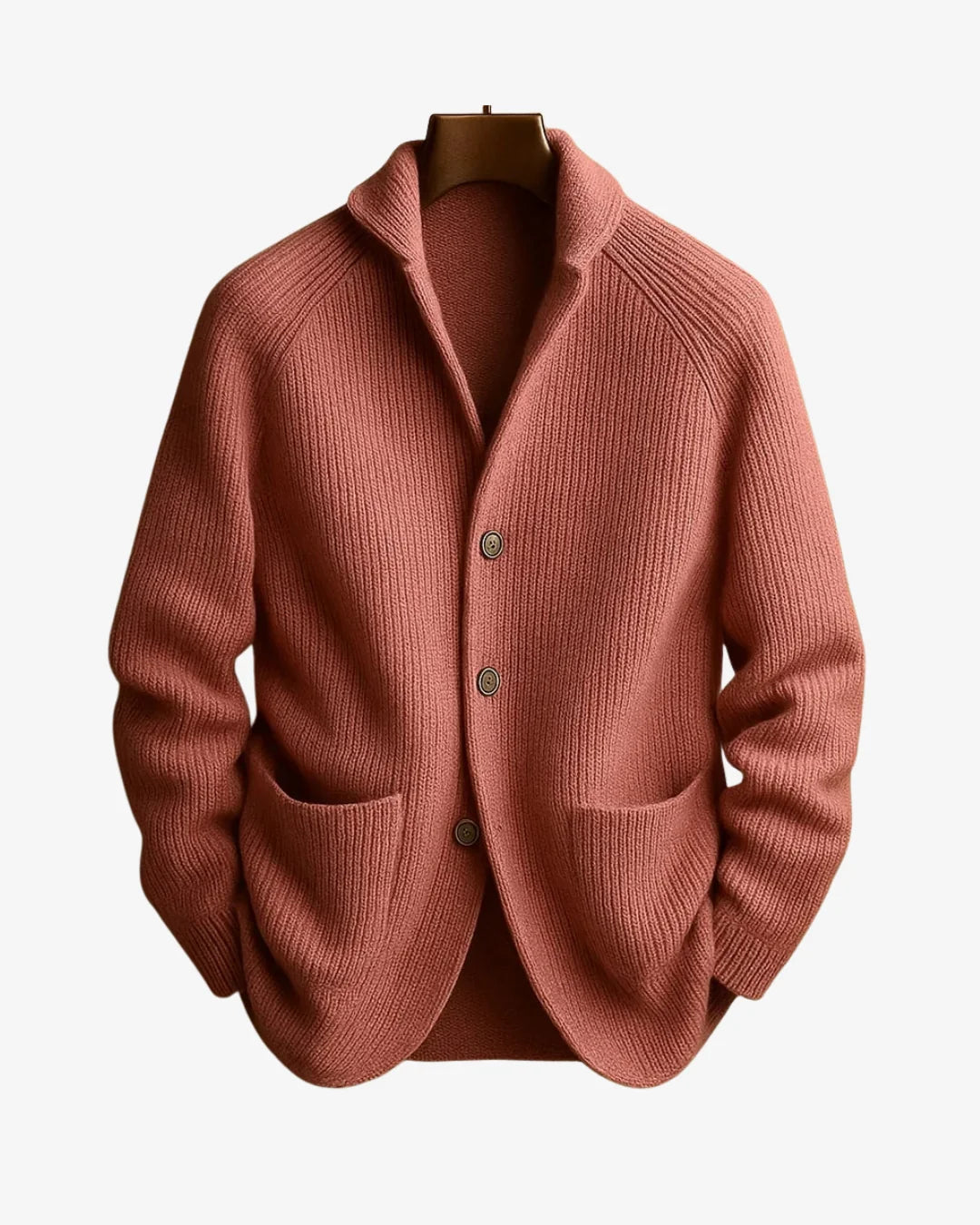 Men's pink ribbed knit sweater blazer with patch pockets
