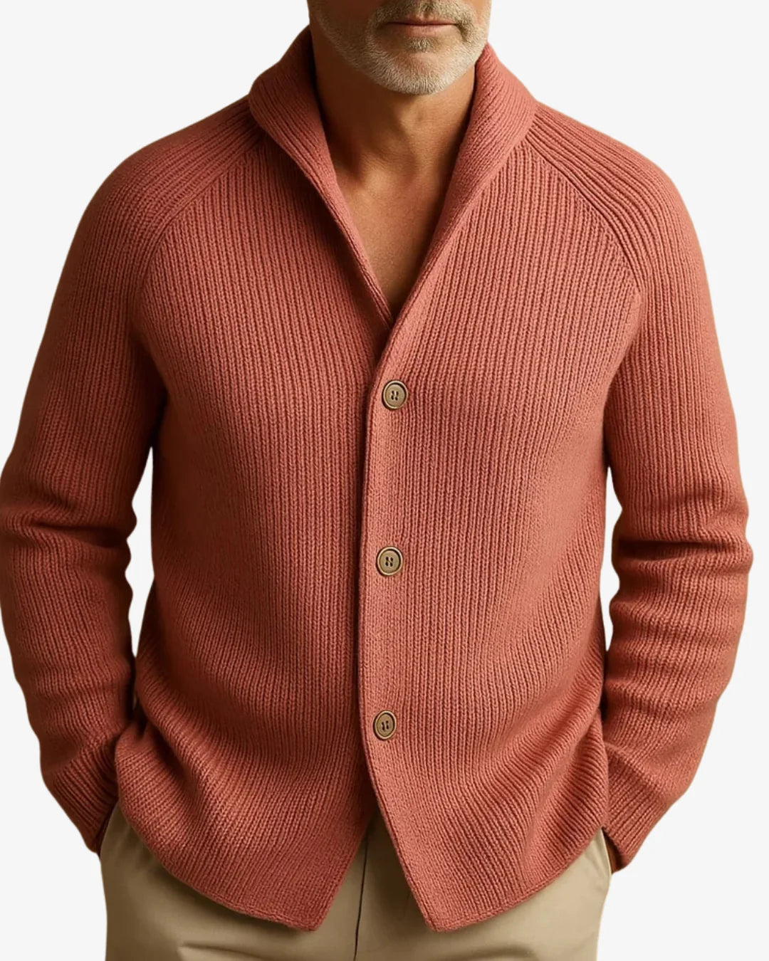 Men's pink ribbed knit sweater blazer worn, close-up view