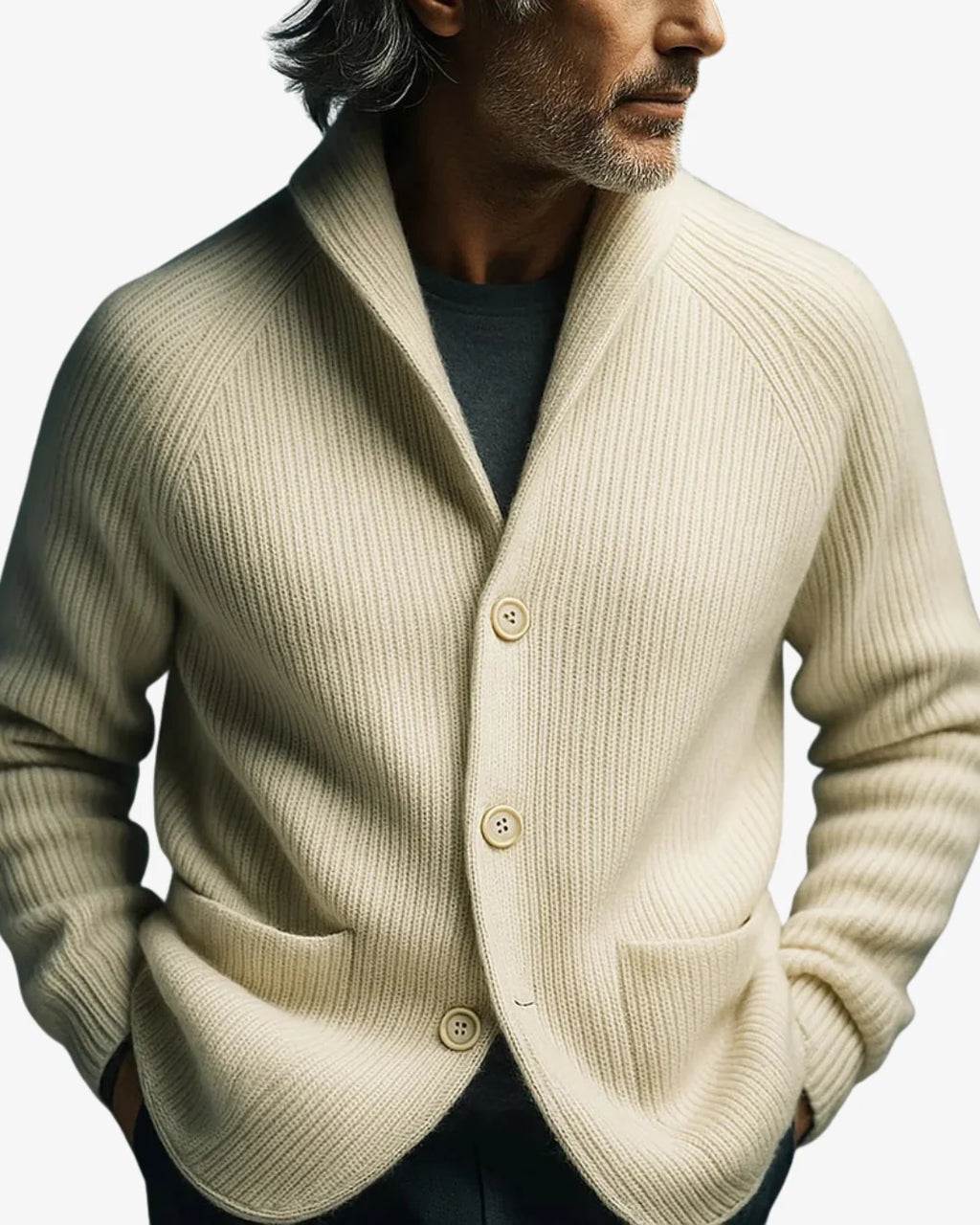 Men's white ribbed knit sweater blazer worn, close-up view