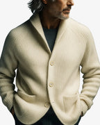Men's white ribbed knit sweater blazer worn, close-up view