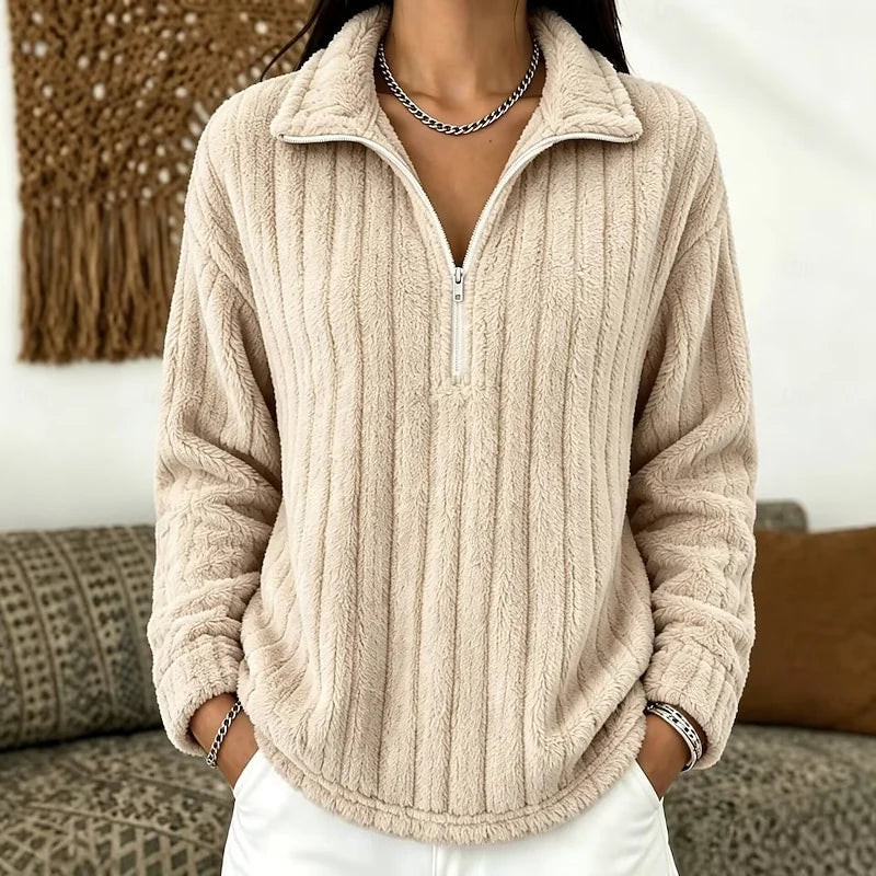 Women's apricot cozy Ribbed Fleece Quarter-Zip Pullover Top