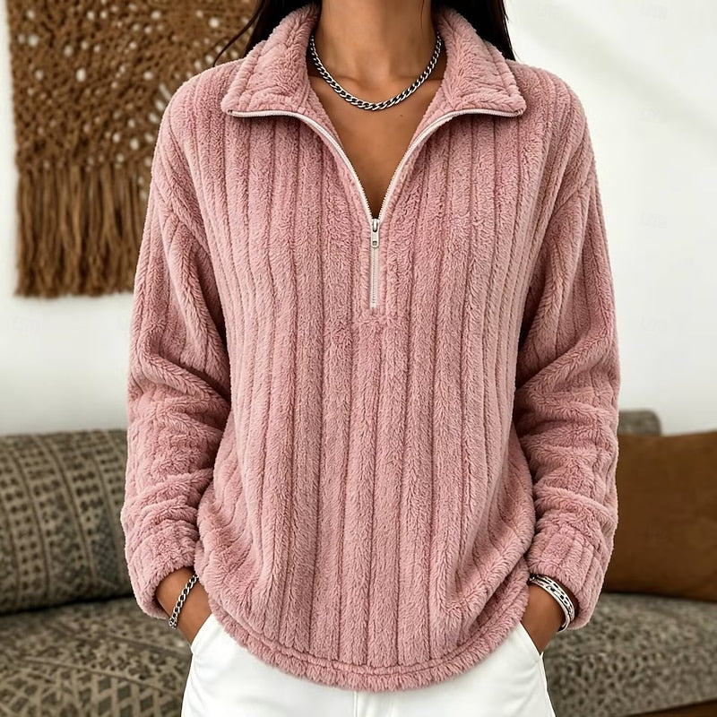 Women's pink cozy Ribbed Fleece Quarter-Zip Pullover Top