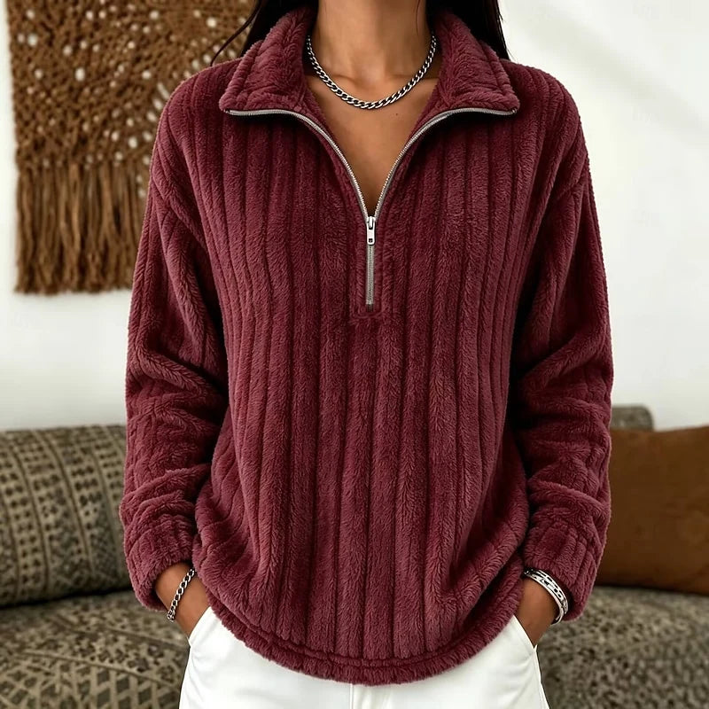 Women's red cozy Ribbed Fleece Quarter-Zip Pullover Top