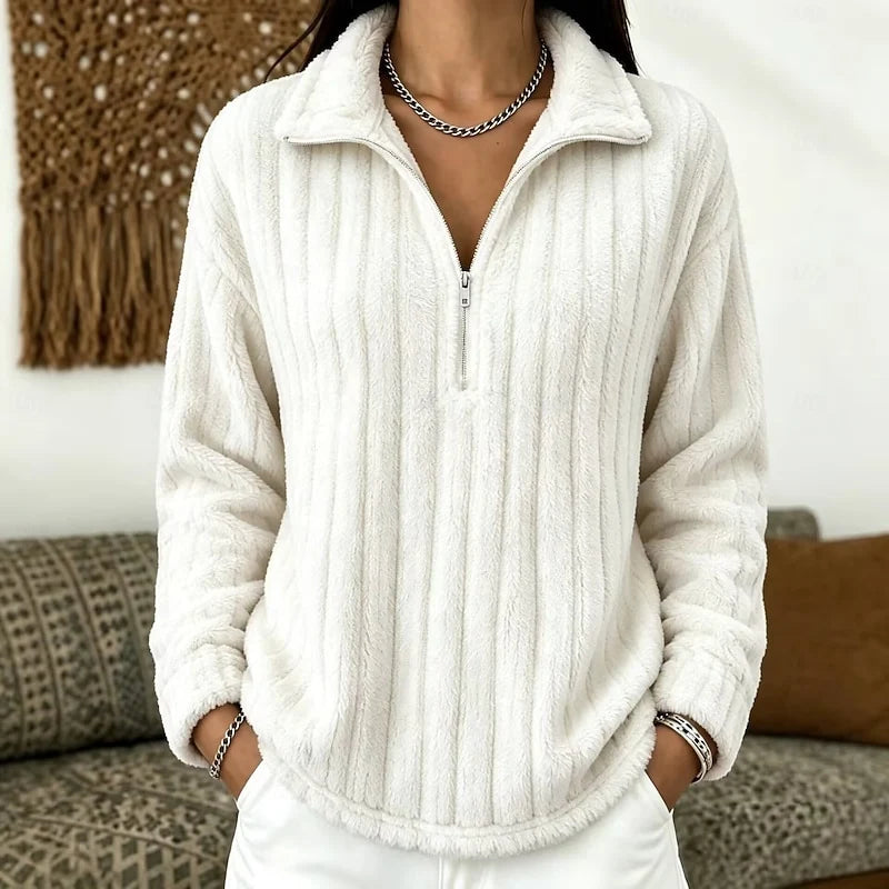 Women's white cozy Ribbed Fleece Quarter-Zip Pullover Top
